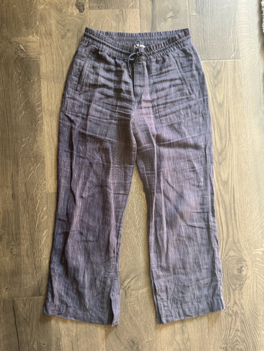 Athleta 100% Linen Wide Leg Pants Denim Blue White Stripe Medium